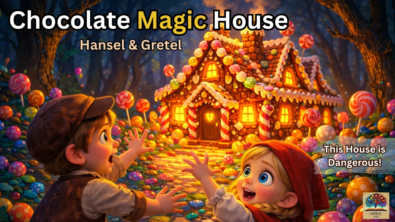 Hansel and Gretel story in English illustration with chocolate magic house, kids in forest fairy tale scene