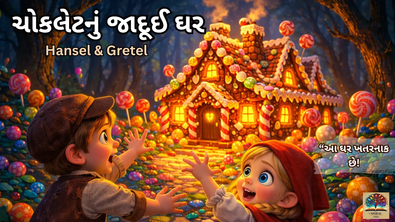 Hansel and Gretel story in Gujarati thumbnail – જાદૂઈ ચોકલેટ ઘર પાસે ઉભેલા બે બાળકો અને ખતરનાક મીઠાઈનું ઘર