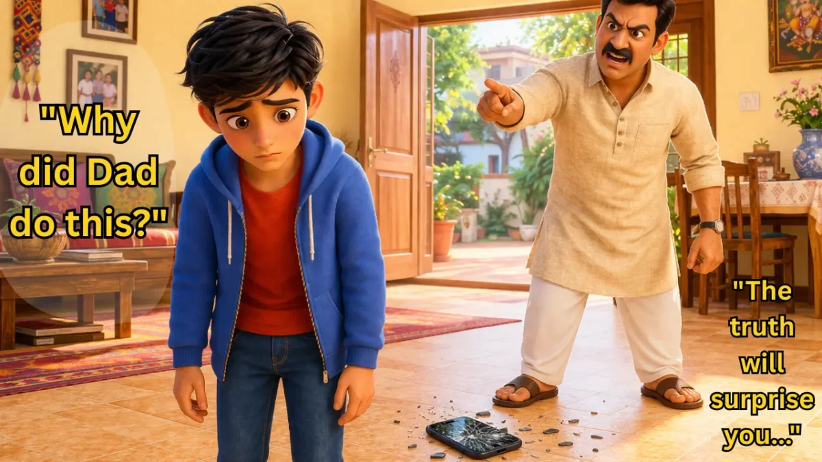 Heart touching father son story with moral showing a strict father scolding his son while the boy looks sad and emotional