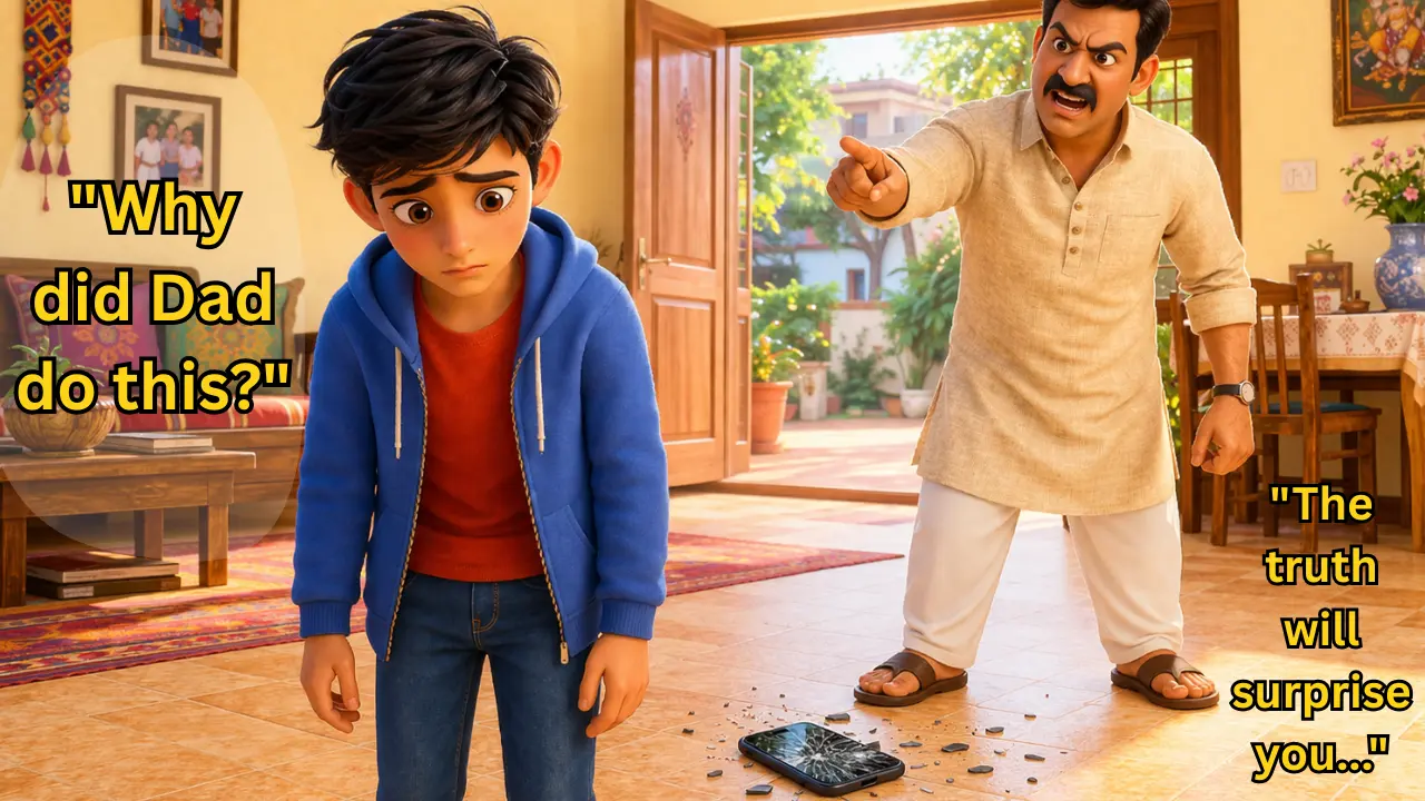 Heart touching father son story with moral showing a strict father scolding his son while the boy looks sad and emotional