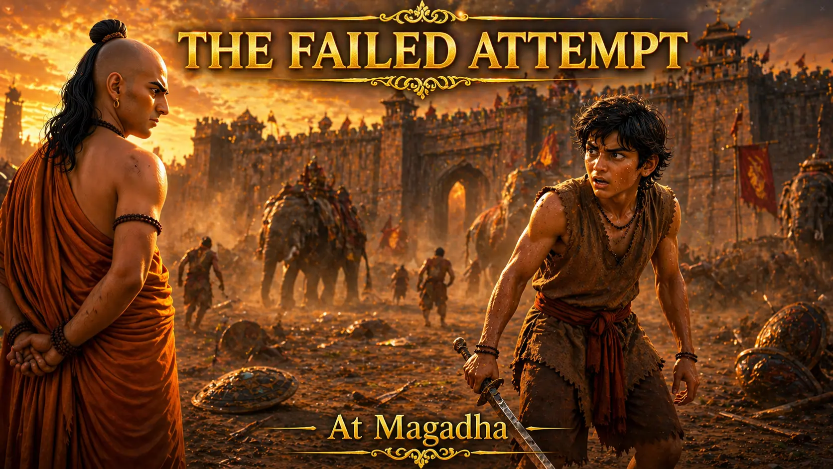 The First Attack on Magadha showing Chandragupta Maurya’s failed attempt as Chanakya silently observes the strategic setback