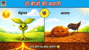 Two Seeds Moral Story in Hindi with Moral thumbnail showing hard work vs comfort with growing plant and lazy seed