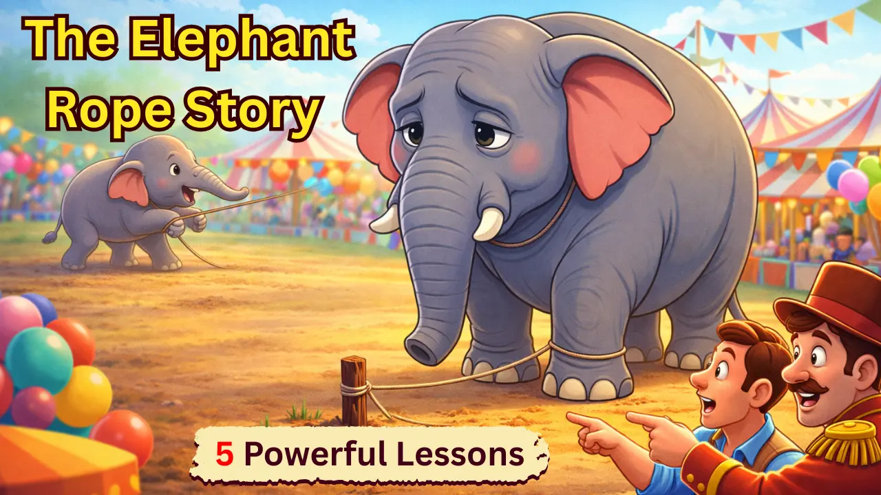 the elephant rope story with moral showing tied elephant and 5 powerful lessons