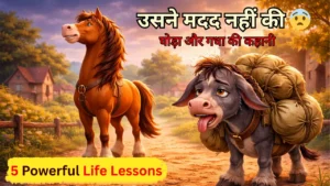 घोड़ा और गधा की कहानी नैतिक शिक्षा के साथ showing donkey carrying heavy load and horse not helping