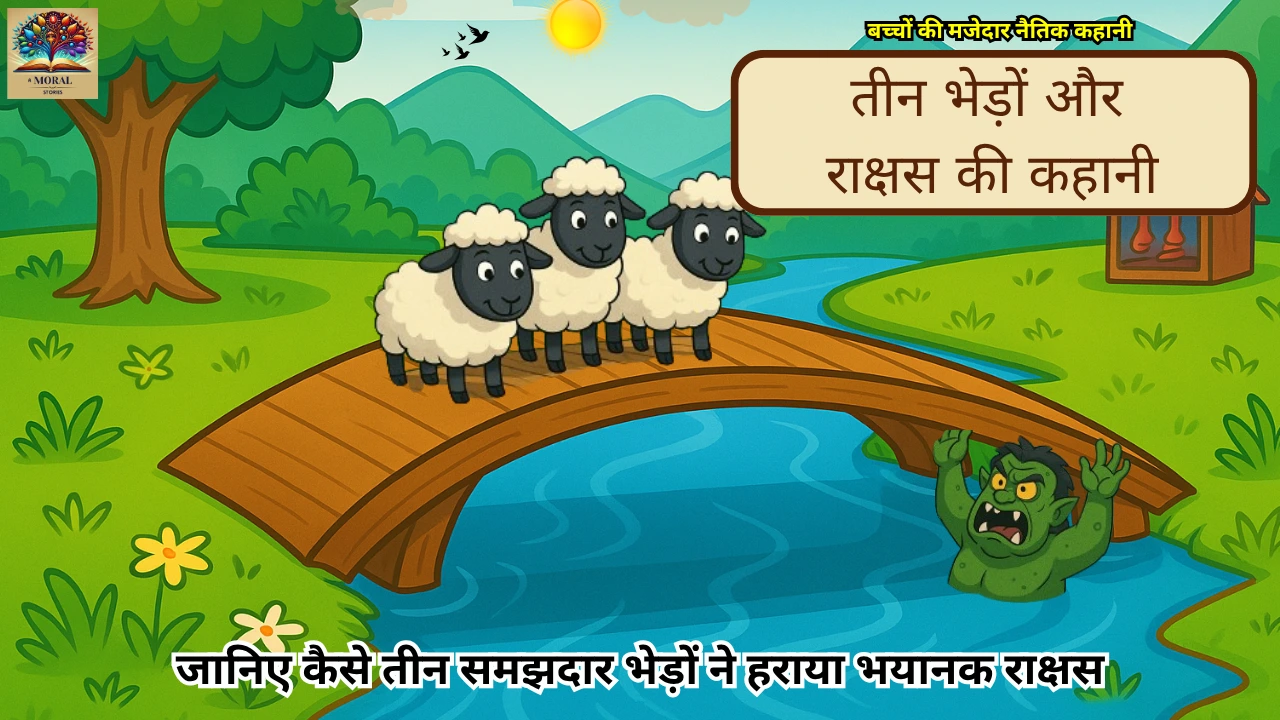 तीन भेड़ों और राक्षस की कहानी हिंदी में बच्चों की मजेदार नैतिक कहानी का चित्र Three sheeps & the monster Story in hindi