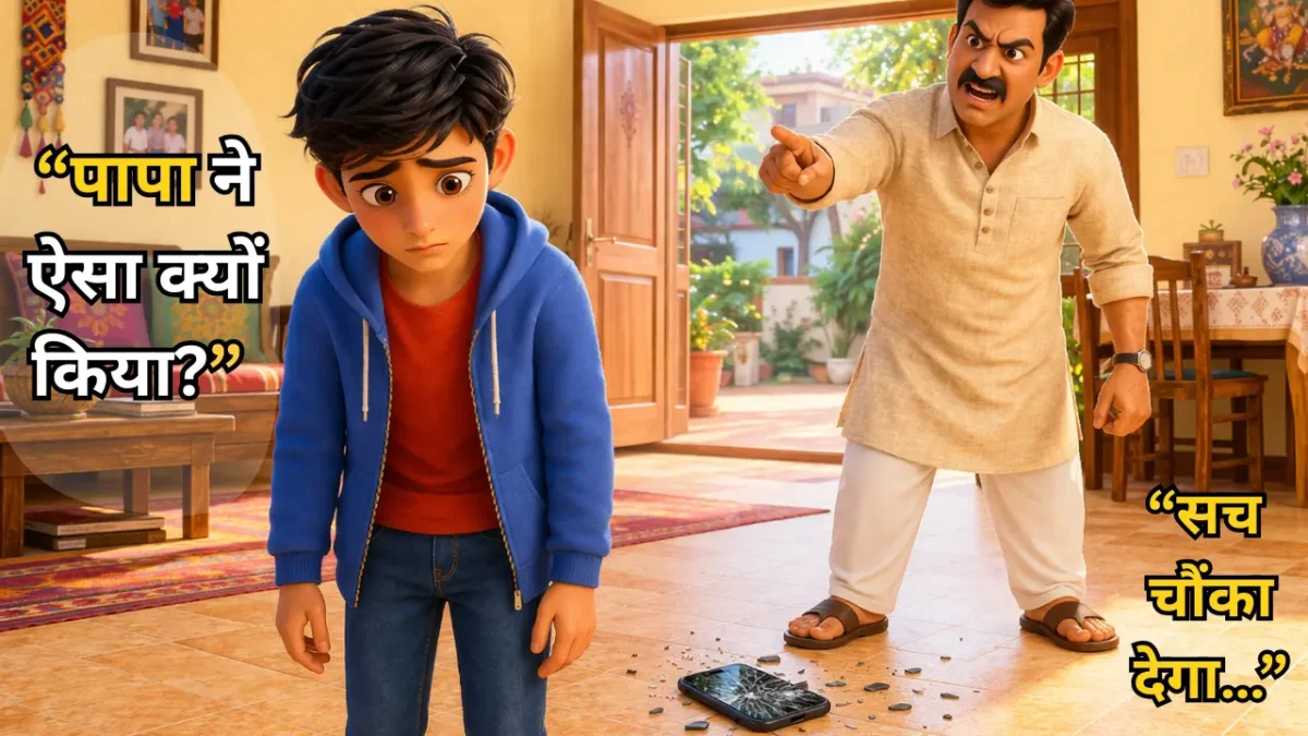 “पापा बेटे पर गुस्सा करते हुए और बेटा उदास खड़ा है – papa emotional story in hindi”