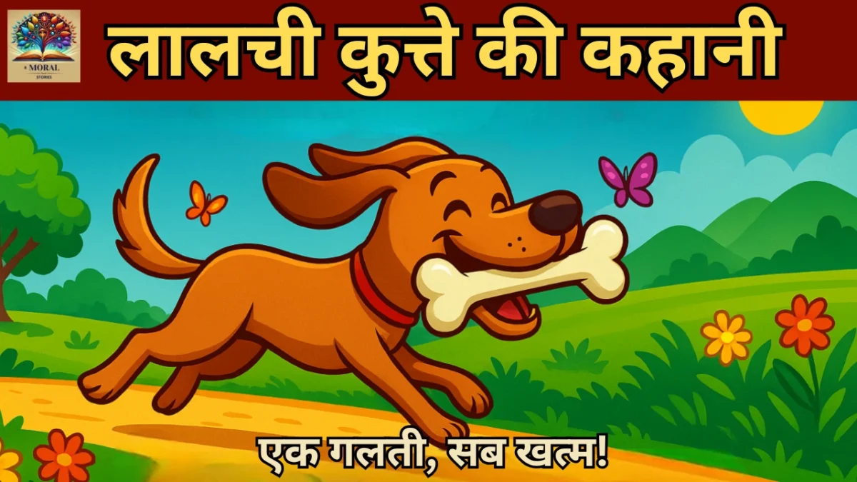 लालची कुत्ते की कहानी में हड्डी लेकर भागता कुत्ता, बच्चों के लिए Greedy Dog Story in Hindi नैतिक शिक्षा वाली पंचतंत्र कहानी