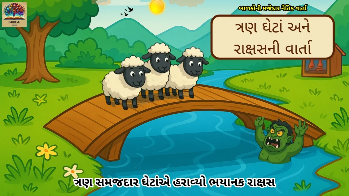 પુલ પર ઉભેલા ત્રણ ઘેટાં અને નદીમાં રાક્ષસનું દૃશ્ય – ત્રણ ઘેટાં અને રાક્ષસની વાર્તા ગુજરાતી માં