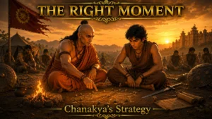 Chanakya’s Lesson of the Right Moment showing Chanakya teaching strategy to Chandragupta Maurya