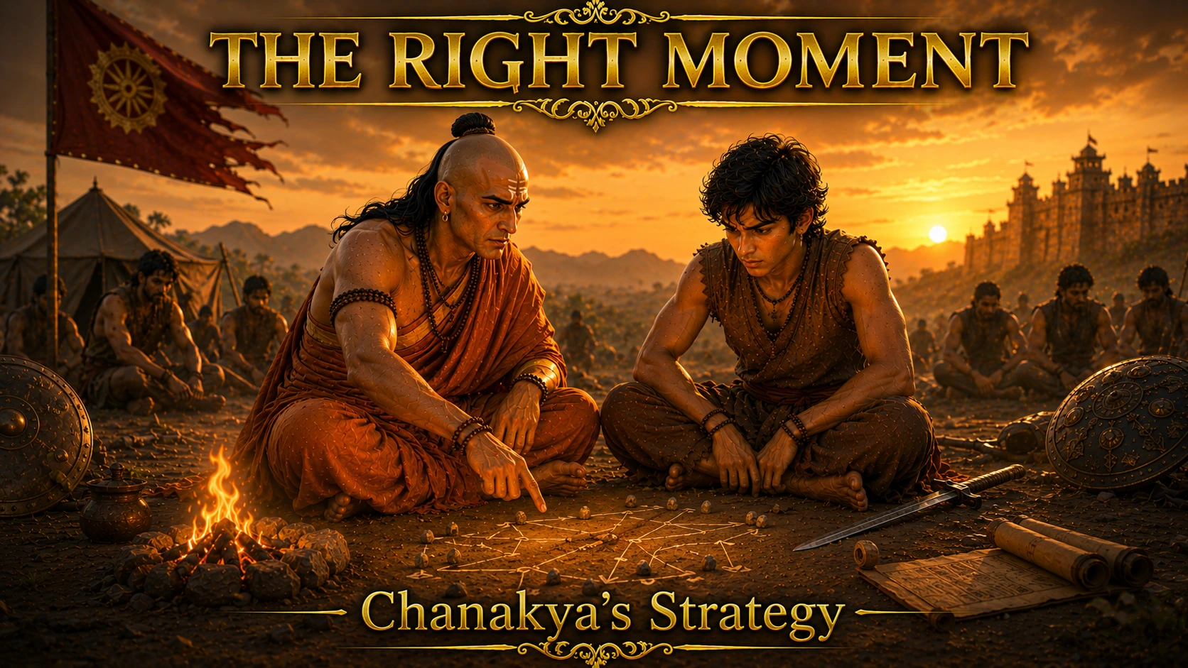 Chanakya’s Lesson of the Right Moment showing Chanakya teaching strategy to Chandragupta Maurya