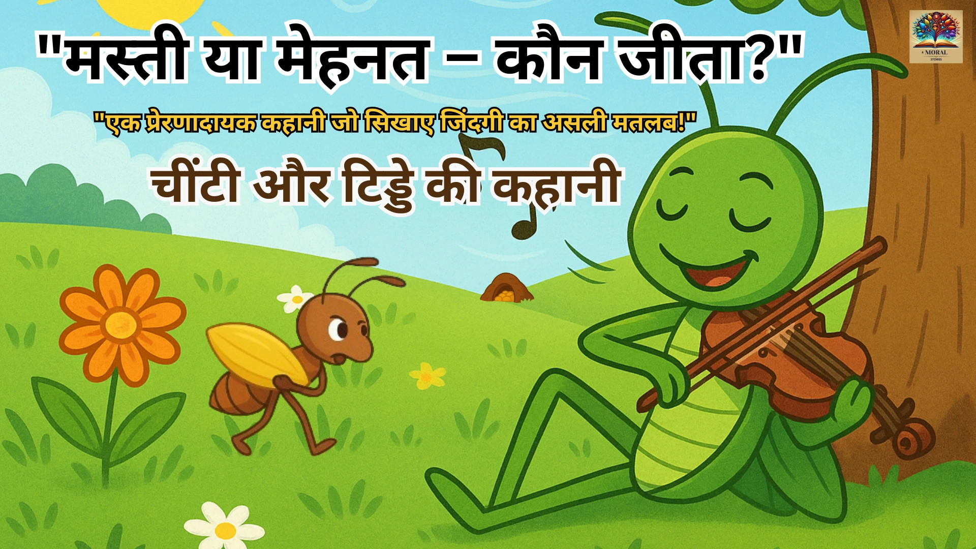 चींटी और टिड्डे की कहानी हिंदी में thumbnail जिसमें मेहनती चींटी खाना ले जाते हुए और टिड्डा वायलिन बजाते हुए दिखाया गया है, साथ में मेहनत और आलस का संदेश दिया गया है