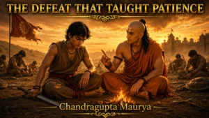 The Defeat That Taught Patience showing Chanakya teaching patience and strategy to Chandragupta Maurya after the failed Magadha campaign