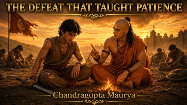 The Defeat That Taught Patience showing Chanakya teaching patience and strategy to Chandragupta Maurya after the failed Magadha campaign