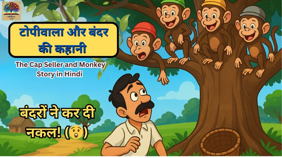 टोपीवाला-और-बंदरों-की-कहानी-का-रंगीन-कार्टून-थंबनेल-1200x675 टोपीवाला और बंदरों की कहानी हिंदी में | बच्चों के लिए मजेदार नैतिक कहानी