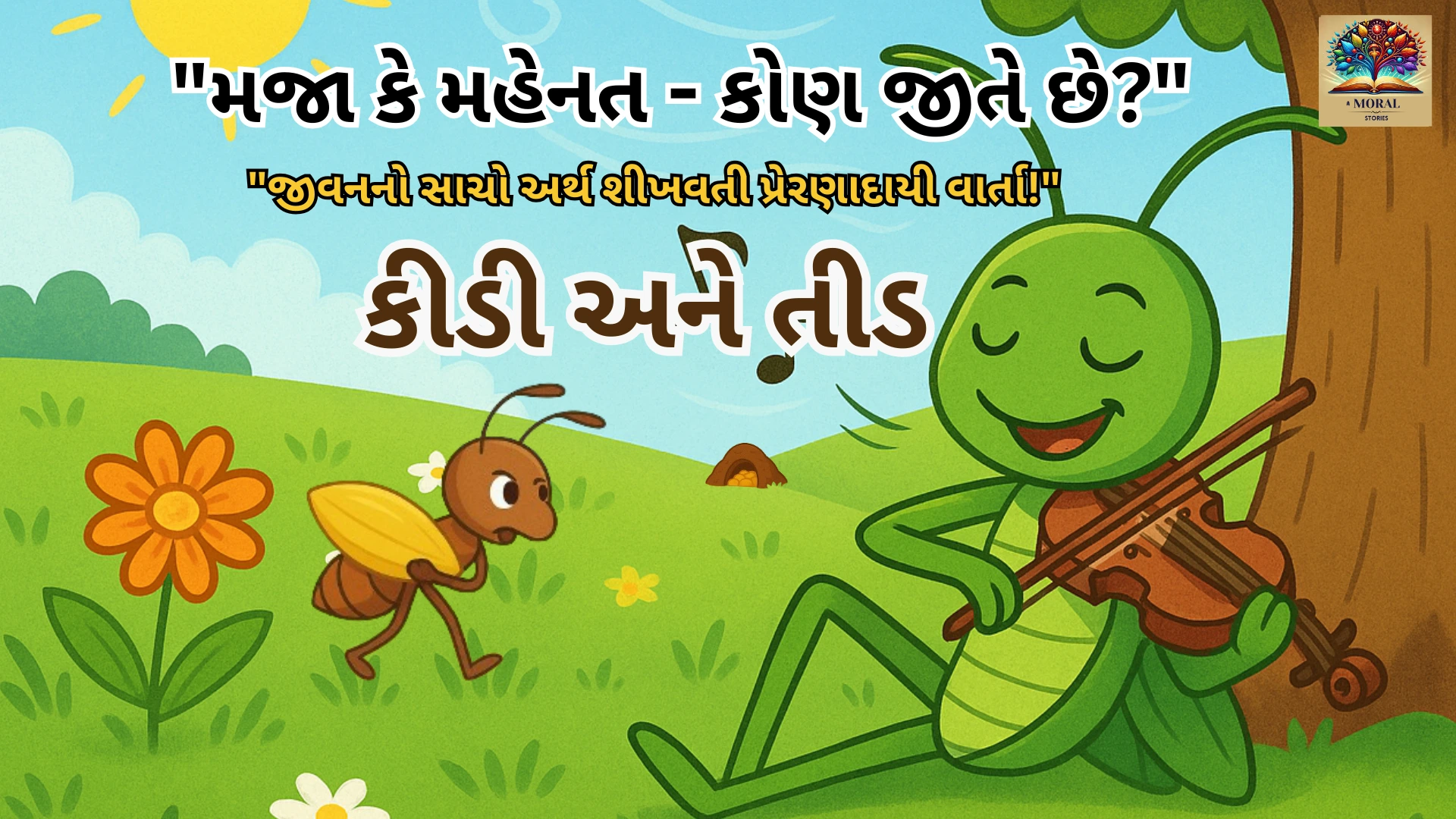 કીડી અને તીડની વાર્તા ગુજરાતી માં thumbnail જેમાં મહેનતુ કીડી અને ગીત ગાતો તીડ દેખાય છે।