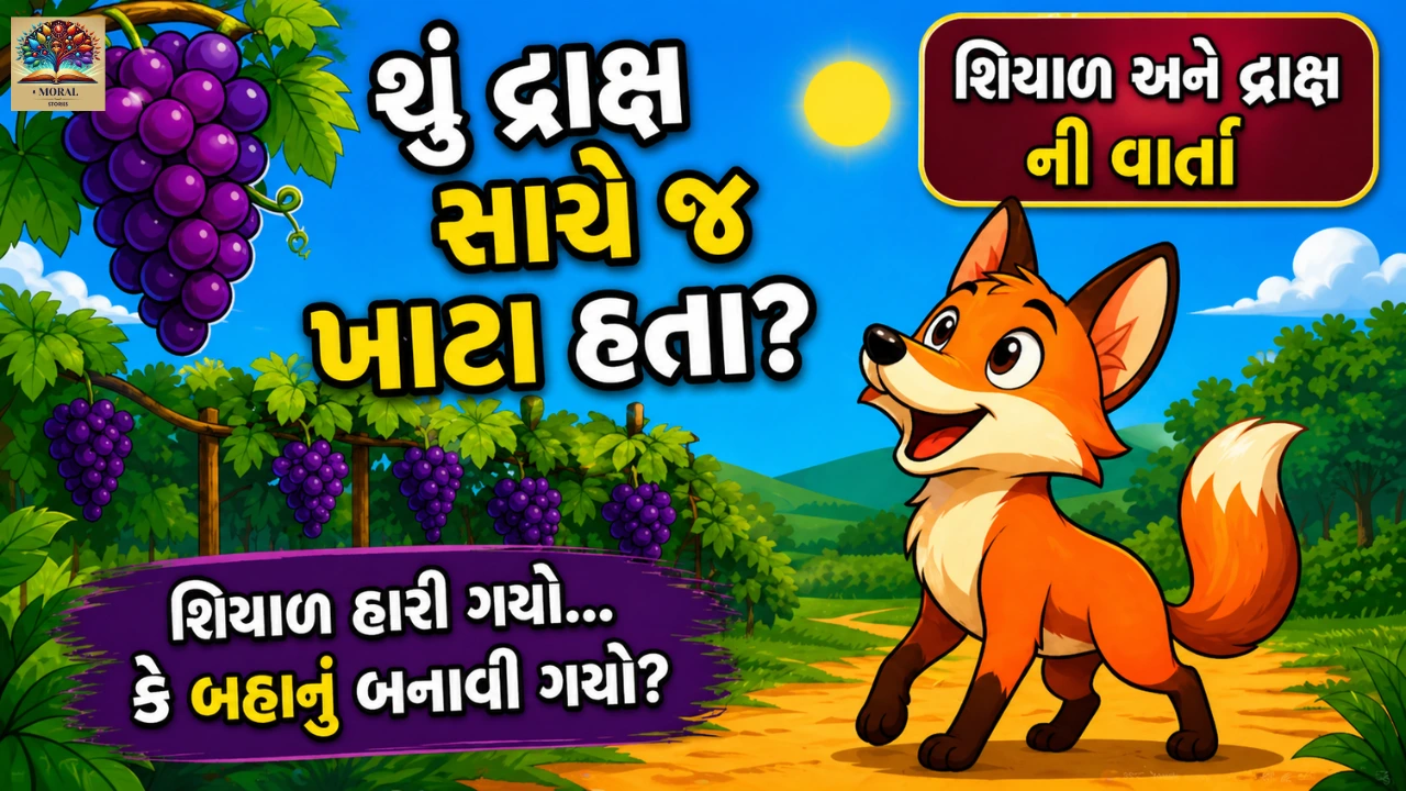 ખાટી દ્રાક્ષની વાર્તા ગુજરાતી માં શિયાળ અને દ્રાક્ષની વાર્તા ગુજરાતી માં The Fox and the Grapes Story in Gujarati thumbnail