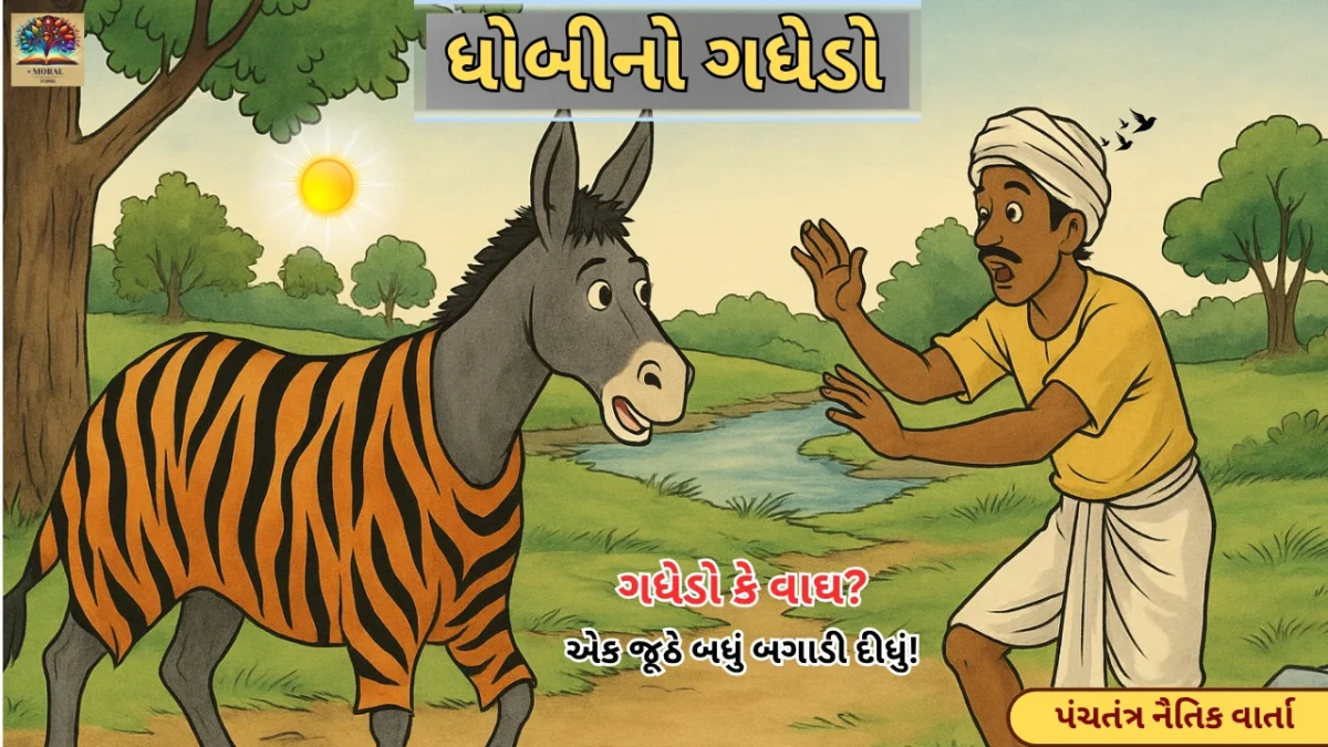 ધોબીનો-ગધેડો-પંચતંત્ર-વાર્તાનું-થંબનેલ-The-Washerman-and-the-Donkey-story-in-Gujarati-1200x675 ધોબીનો ગધેડો | પંચતંત્રની પ્રખ્યાત ગુજરાતી નૈતિક વાર્તા | The Washerman and the Donkey