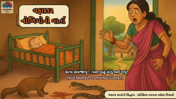 વફાદાર-નોળિયોની-વાર્તા-–-પંચતંત્રની-નૈતિક-વાર્તાનું-ગુજરાતી-થંબનેલ-600x338 વફાદાર નોળિયોની વાર્તા – વિશ્વાસ અને ધીરજ શીખવતી હૃદયસ્પર્શી પંચતંત્ર કથા | નોળિયો અને સાપની વાર્તા