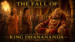 The Fall of King Dhanananda showing the end of tyranny in Magadha and the rise of Chandragupta Maurya
