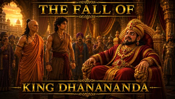 The Fall of King Dhanananda showing the end of tyranny in Magadha and the rise of Chandragupta Maurya