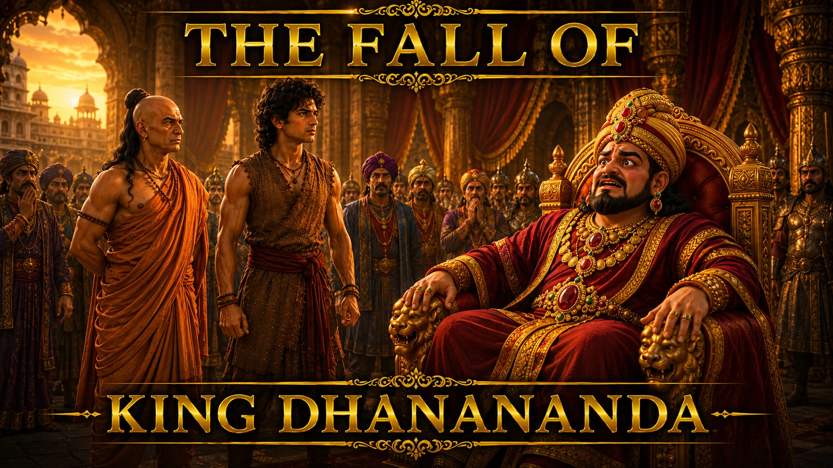 The Fall of King Dhanananda showing the end of tyranny in Magadha and the rise of Chandragupta Maurya