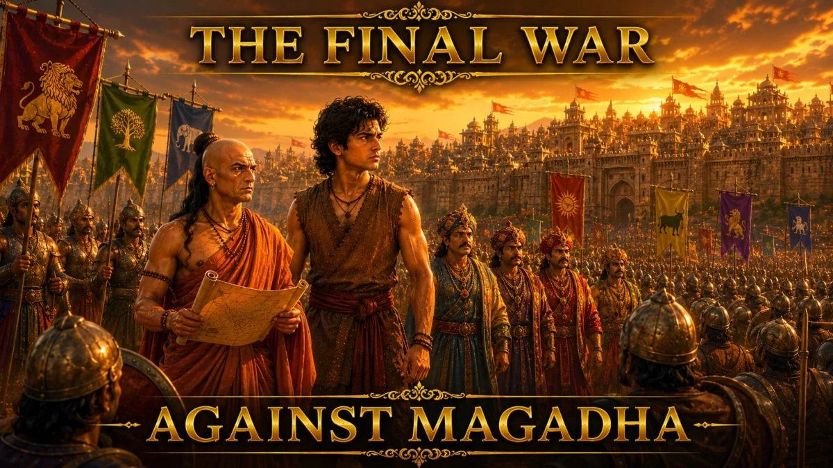 The-Final-War-Against-Magadha-showing-Chandragupta-Maurya-and-Chanakya-leading-the-allied-kingdoms-against-King-Dhanananda-1-1200x675 The Final War Against Magadha: The Battle That Changed Indian History (Part 18)