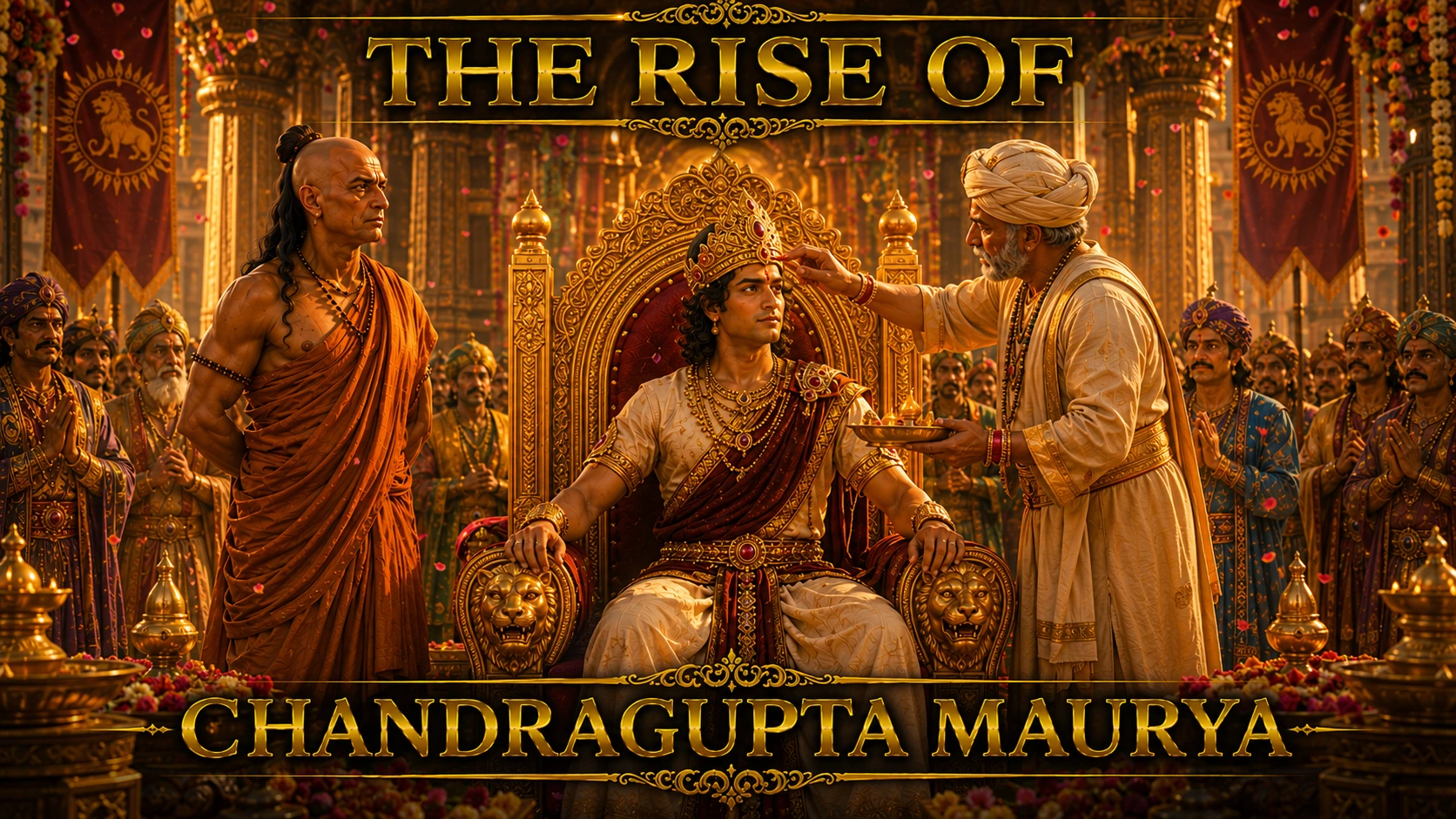 The Rise of Chandragupta Maurya showing his Rajyabhishek ceremony and the birth of the Maurya Empire with Chanakya beside him