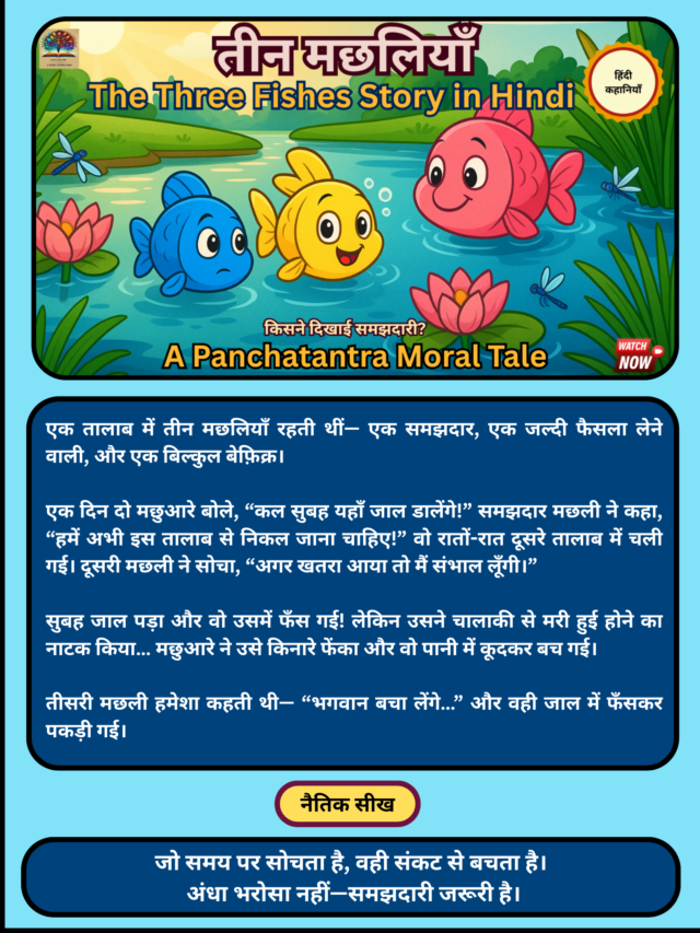 तीन मछलियों की कहानी | पंचतंत्र की प्रसिद्ध नैतिक कहानी | Three Fishes Story in hindi