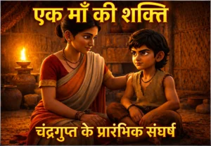 चंद्रगुप्त मौर्य का प्रारंभिक जीवन – माता के साथ प्रेरणादायक बचपन का दृश्य।