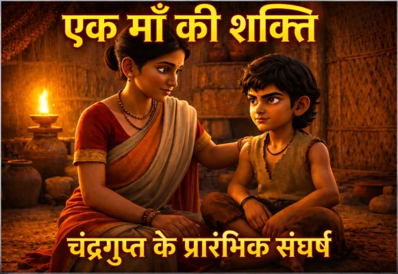 चंद्रगुप्त मौर्य का प्रारंभिक जीवन – माता के साथ प्रेरणादायक बचपन का दृश्य।