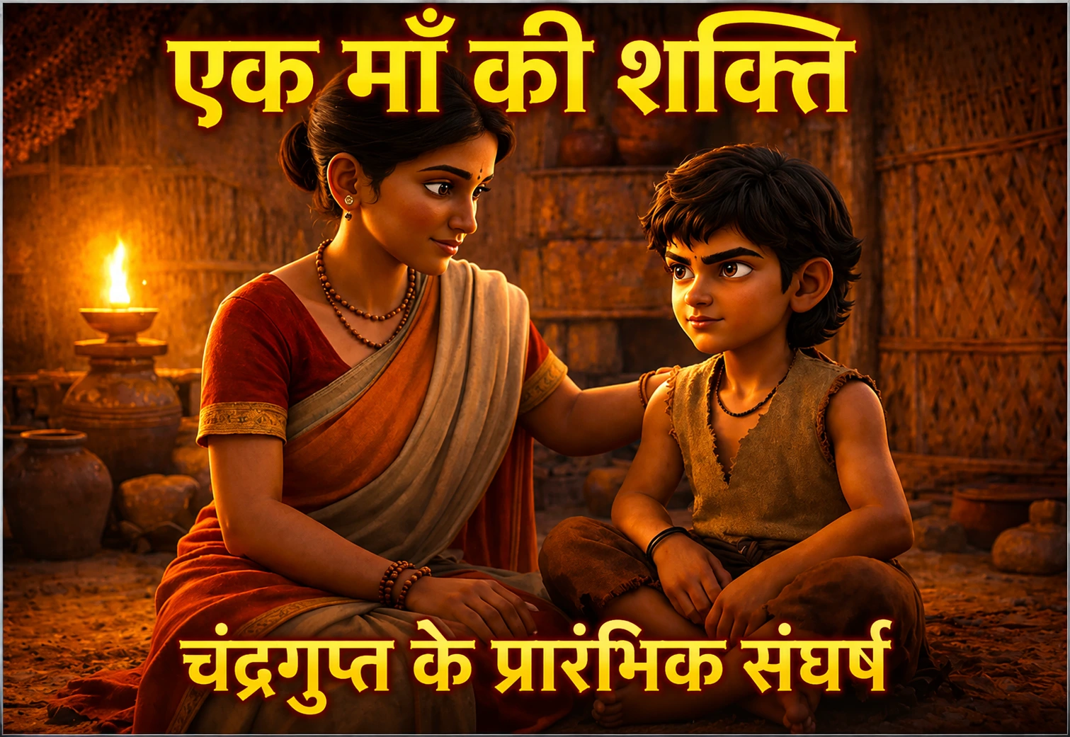 चंद्रगुप्त मौर्य का प्रारंभिक जीवन – माता के साथ प्रेरणादायक बचपन का दृश्य।