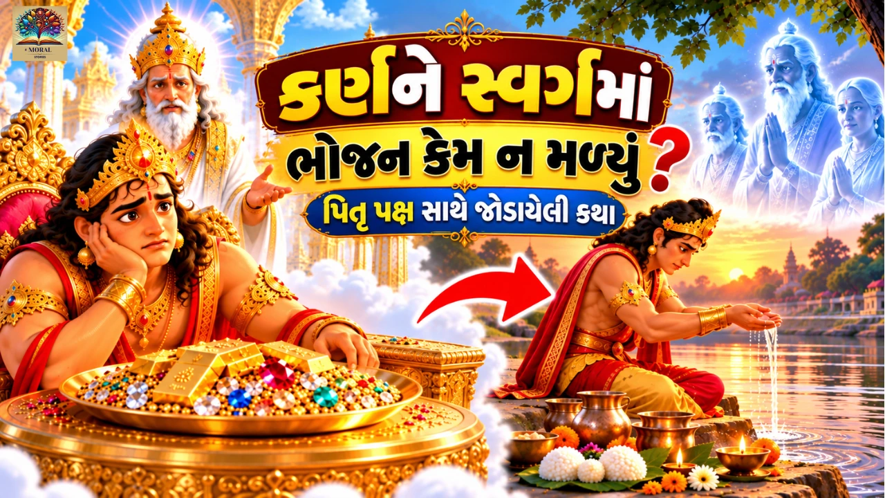 કર્ણને સ્વર્ગમાં ભોજન કેમ ન મળ્યું? પિતૃ પક્ષ સાથે જોડાયેલી પૌરાણિક કથા, જેમાં કર્ણ પિતૃઓને અન્ન અને જળ અર્પણ કરે છે.